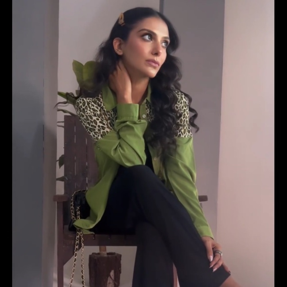 Cleo Boutique Green & Leopard Print Sheer Button Down Collared Blouse